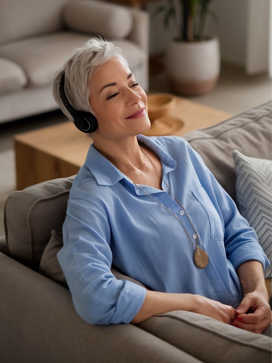 Frau entspannt mit Kopfhörern auf dem Sofa und erlebt Solfeggio Frequenzen