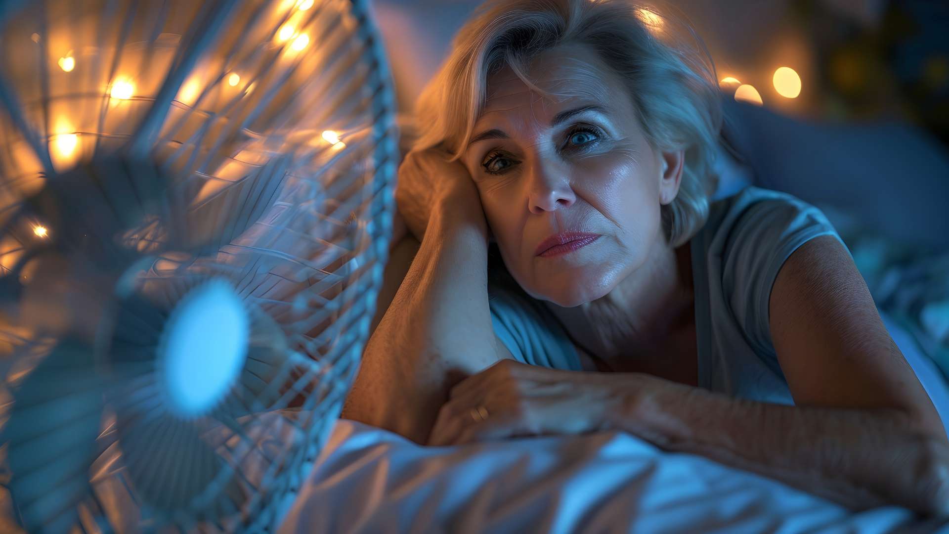 Frau liegt nachts wach im Bett und erlebt ein unruhiges Frequenzerlebnis während Schlafproblemen